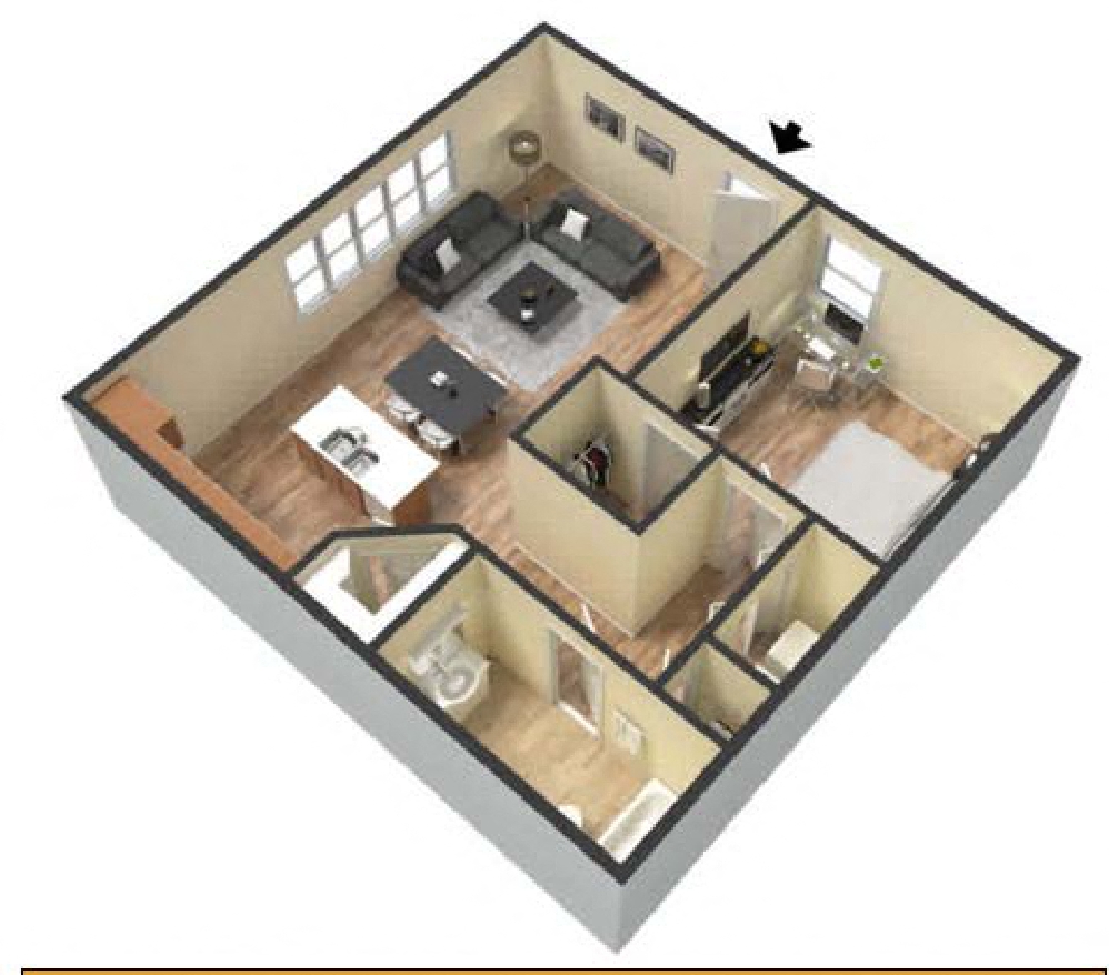 Floor plan for 1 bed, 1 bath, 750 sqft